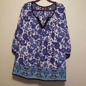 Ava Christine Blue Floral Shirt Blouse 3/4 sleeves